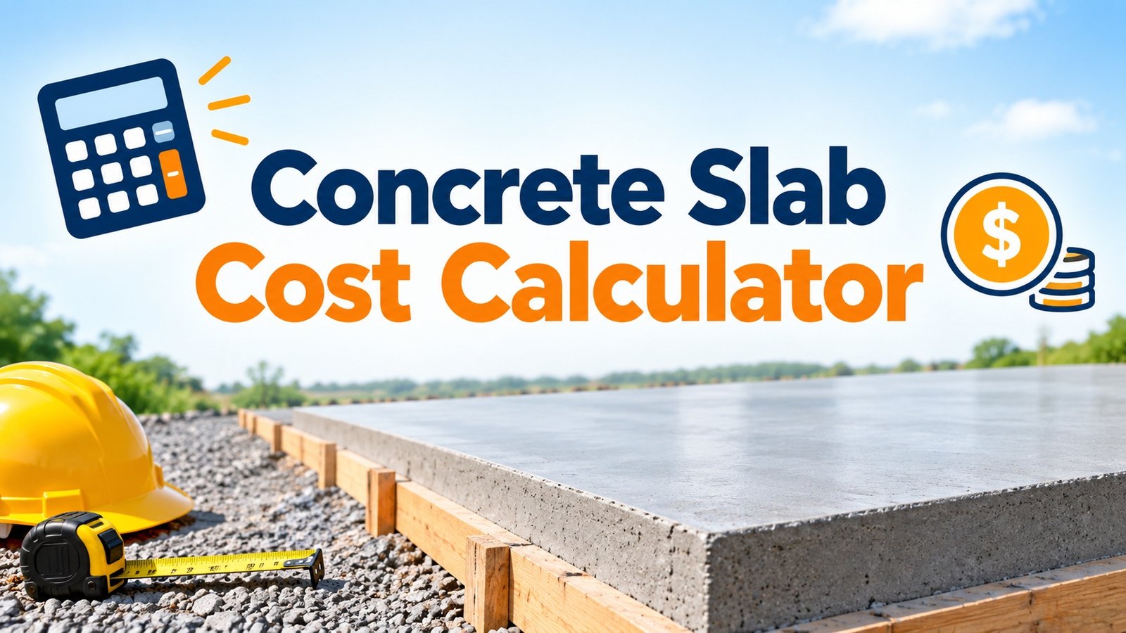 Concrete Slab Cost Calculator – estimate concrete slab costs with a calculator, concrete slab, and construction tools.