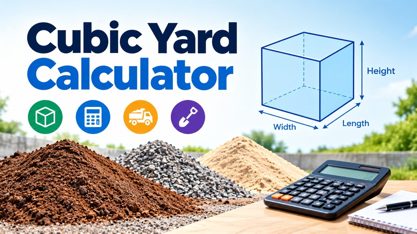 Cubic Yard Calculator for estimating volume using length, width, and height measurements for soil, gravel, and sand.