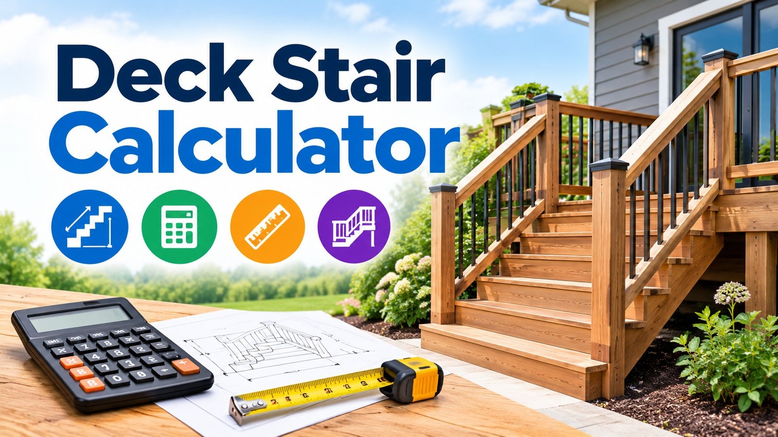 Deck Stair Calculator for estimating stair rise, tread depth, step count, and deck stair dimensions for outdoor wooden stairs.