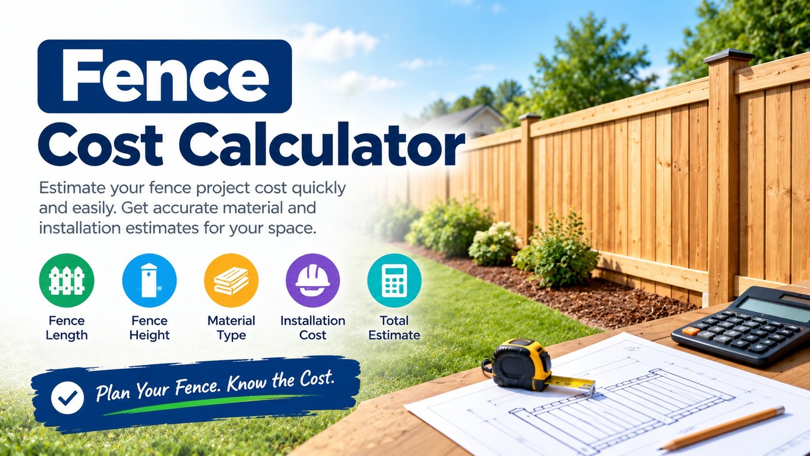 Fence Cost Calculator to estimate fencing material and installation costs based on fence length, height, and material type.
