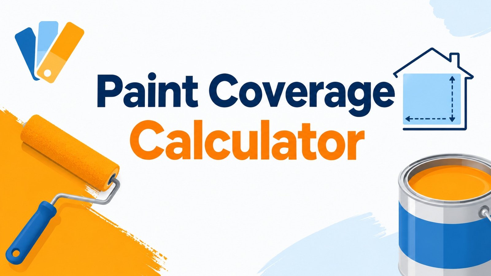 Paint Coverage Calculator graphic with paint roller, paint can, color swatches, and house outline icon
