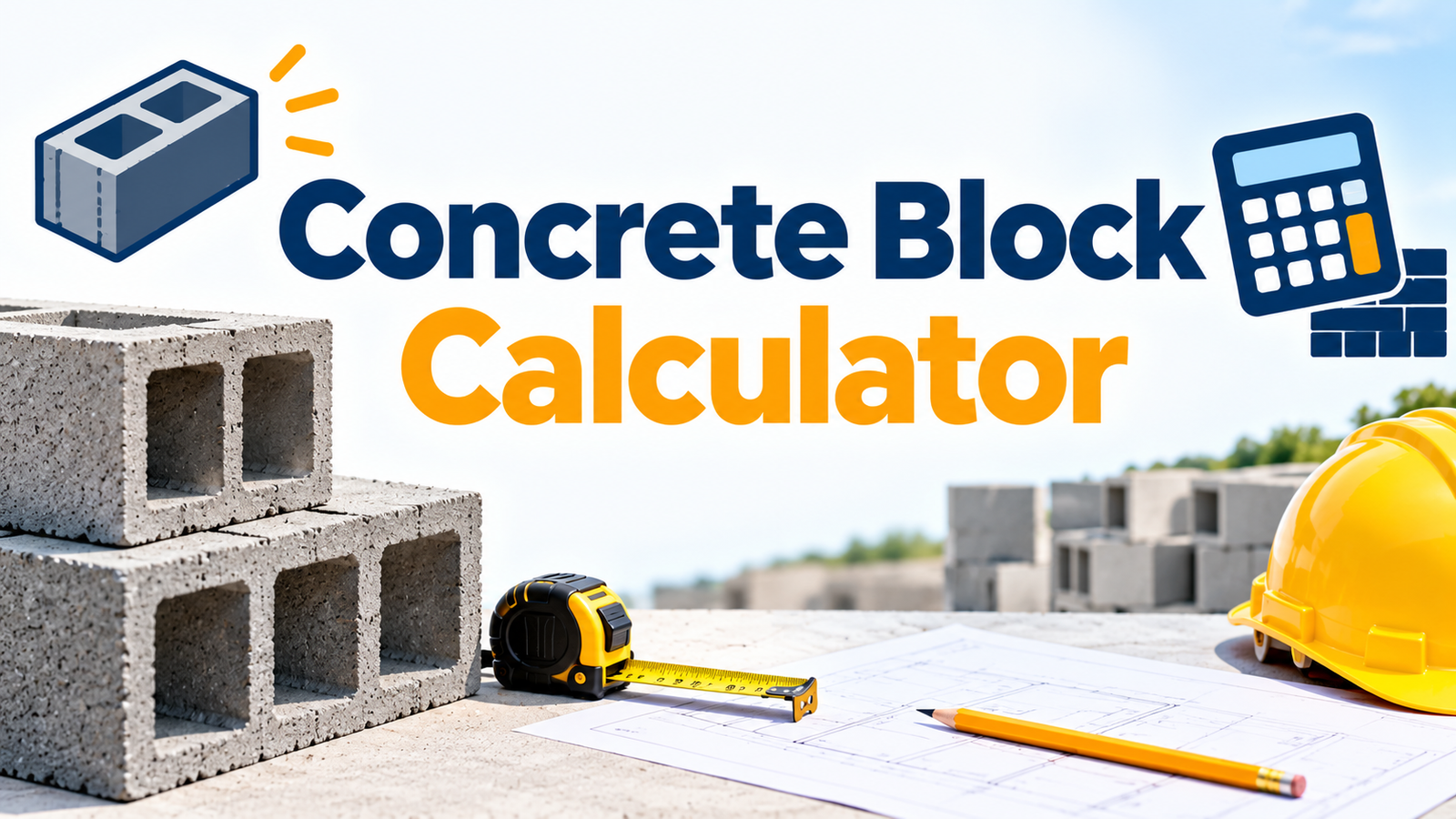 ​Concrete Block Calculator featured image with cinder blocks, construction blueprint, tape measure, and hard hat