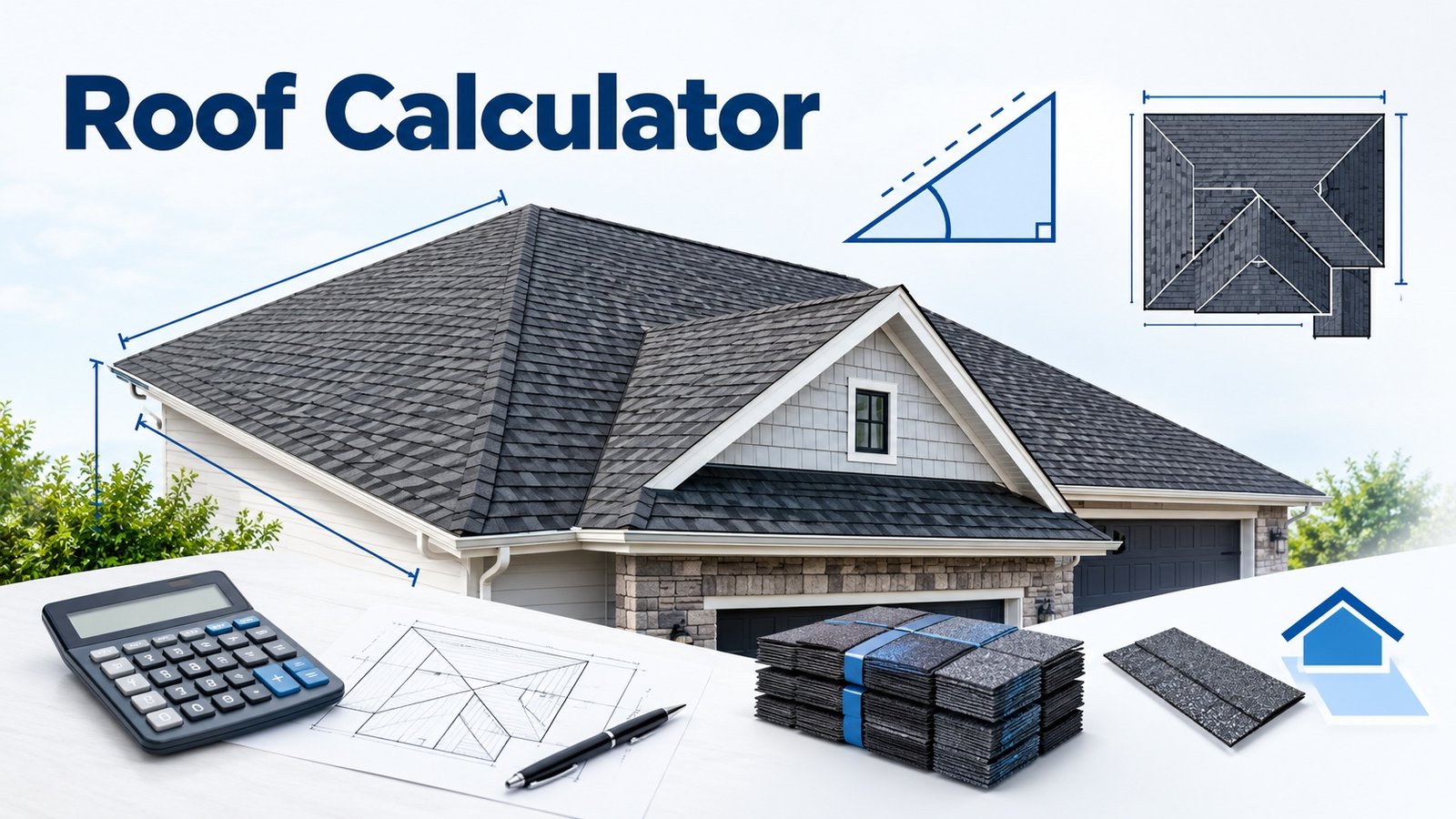 Roof calculator for measuring roof area, pitch, roofing squares, shingle bundles, and waste