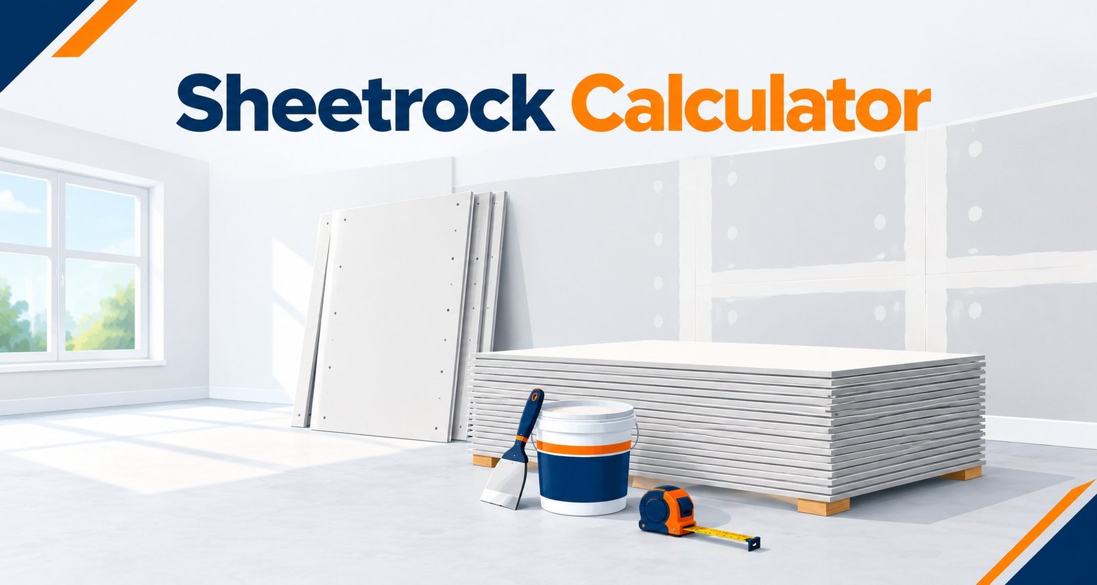 Sheetrock calculator illustration showing drywall sheets, joint compound, and a tape measure in an empty room